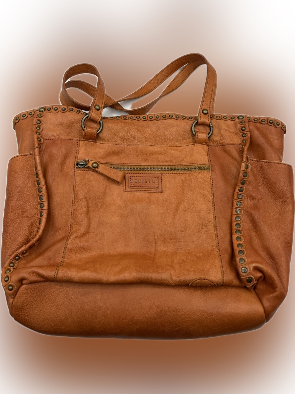 Bed Stu Studded Leather purse Leather Satchel Handbag in Cognac Brown Women Bags